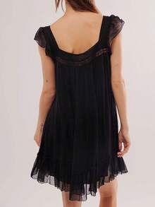 Women Lace Trim Mini Dress Ruffle Flowy Babydoll Dress Spaghetti Strap Loose Sundress Boho Going Out Dresses - 黑色 - 查看 2