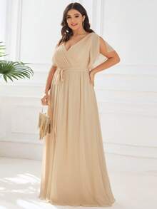 EVERPRETTY 优雅V领荷叶边喇叭袖及地长款春夏婚礼宾客礼服，香槟色伴娘礼服 - 香檳色 - 查看 5