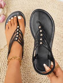 加大码加宽女士户外平底凉鞋，麻绳人字拖，单扣圆头铆钉平底凉鞋，镂空轻便防滑凉鞋，适合旅游、聚会、办公、室内外穿着，可搭配连衣裙和休闲装，可爱拖鞋有白色、黑色、棕色、米色可选，宽楦设计，夏季旅行必备 - 黑色 - 查看 1