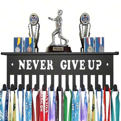 Suporte para medalhas com 15 ganchos, prateleiras para medalhas, suporte de parede de aço para medalhas "Nunca desista", suporte para medalhas de competição de corrida, futebol