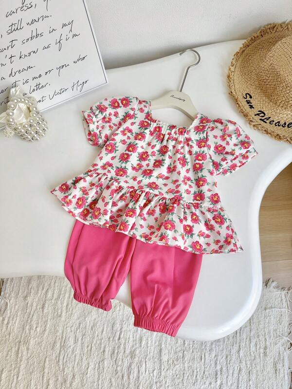 Conjunto de 2 peças de blusa e calça lanterna com estampa floral elegante e babados para meninas, adequado para atividades ao ar livre, fotografia, uso diário, piquenique, escola, primavera/verão
