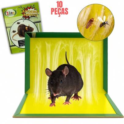Kit 10 Unidades Ratoeira Adesiva Super Cola Pega Rato e Insetos Armadilha Atóxica Segura Multicaptura Sem Cheiro