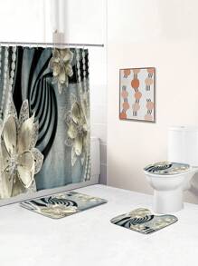 1 pièce/4 pièces Set de décoration de salle de bain multifonctionnel avec fleurs strass - Rideau de douche avec 12 crochets, tapis de bain, tapis en forme de U, couvercle de toilette rond, convient à tous les environnements de salle de bain, retour à l'école