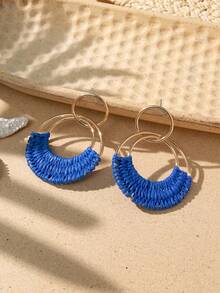 1 对波西米亚风格拉菲草环状耳环，海滩度假配饰，蓝色、粉色、米色，适合日常佩戴或度假