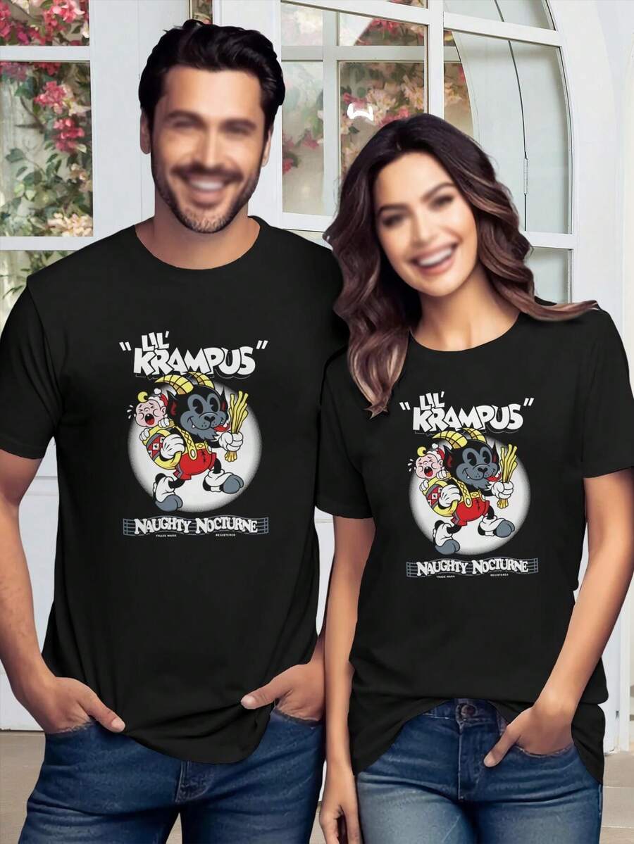 Camiseta gráfica de Lil' Krampus Naughty Nocturne - Camiseta navideña de Krampus vintage de dibujos animados - Camiseta de algodón única con diseño de Krampus para hombres, mujeres y padres - Negro - Ver 1