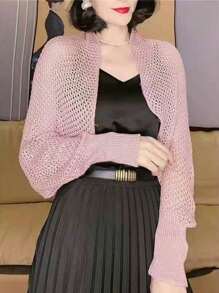 1pc Women High Quality Long Sleeve Thin Knit Shawl Cover Up, Hollow Out Design, Summer Lightweight Outwear