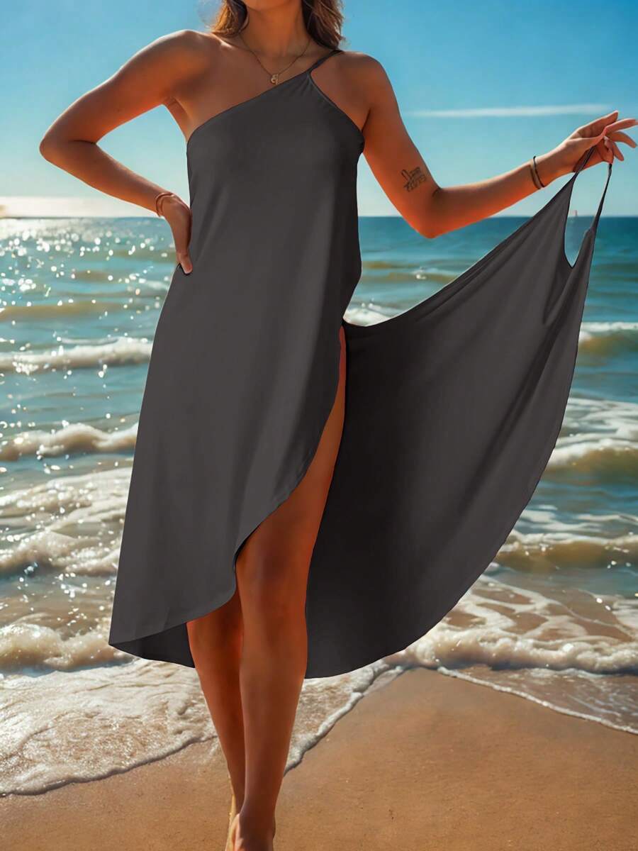 女士夏季海滩度假休闲纱笼细肩带连衣裙，性感海滩罩衫连衣裙 - 深灰色 - 查看 1