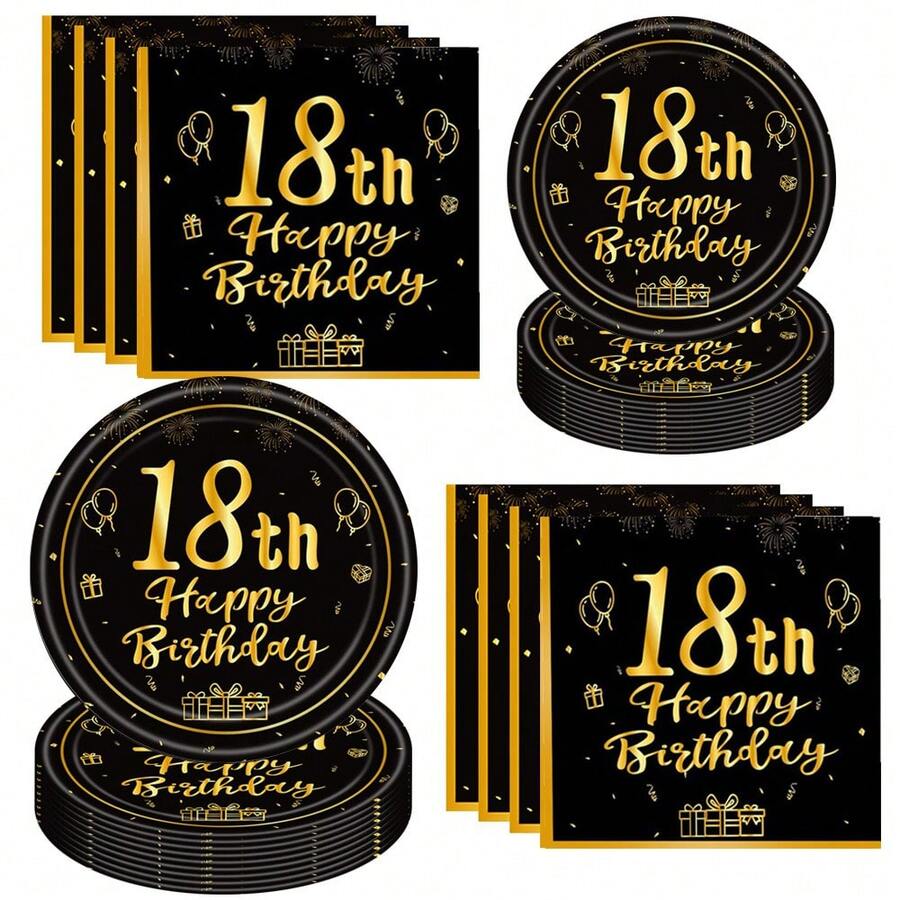 10pcs/20pcs/40pcs/60pcs/Set,18th Birthday Decorations , Happy 18th Birthday Black And Gold Birthday Plates Napkins Tableware For Her Him 18th Birthday Party Gifts Halloween Table Decorations - Black 18 Years Old - View 1