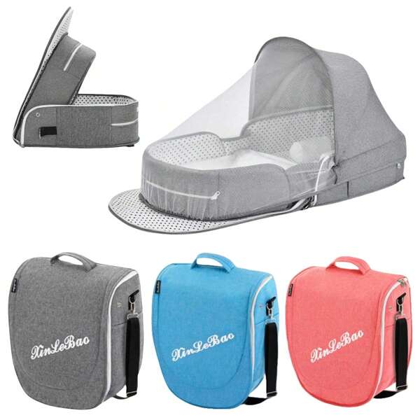 1pc Multifunctional Portable Baby Bed - Foldable Backpack Style Movable Crib, Anti-Crush Newborn Bedside Sleeper, Lightweight Infant Travel Bed With Mosquito Net & Canopy, Suitable For 0-10 Months Babies, Available In High Grey, Sky Blue, Pink, Green