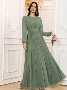 Volly Toych Elegant A-Line Round Neck Long Sleeve Floor-Length Chiffon Bridesmaid Dress, Wedding Guest Dress, Unlined Sleeves - Eucalyptus - View 7