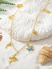 3件套金属海洋系列珊瑚吊坠项链耳环配套套装，个性夸张简约锁骨项链，时尚高端首饰套装