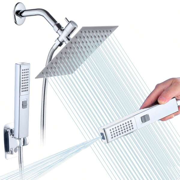 Combinaison de douchette à main avec une tête de douche à angle réglable de 8 pouces. La douchette à main rectangulaire est dotée d'un mode de pulvérisation de bidet à commutation 1 clic, d'un flexible de douche de 60 pouces et d'un déviateur 3 voies