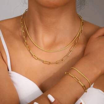 4入組極簡銅製鍊條手鍊和項鏈套裝,適合女性穿搭,約會和度假禮物