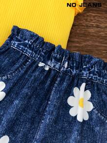 BASUSARRI 【3D立体印花】女童牛仔效果无袖上衣和激光镂空口袋裙两件套，时尚百搭 - 黃色 - 查看 6