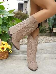 女士厚底尖头褶皱踝靴，短款西部刺绣靴，2025秋冬新款，牛仔靴 - 卡其色 - 查看 5