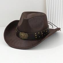 Women Men Cowgirl Hat, Vintage Bull Head Roll-Up Wide Brim Western Hat For Daily Party