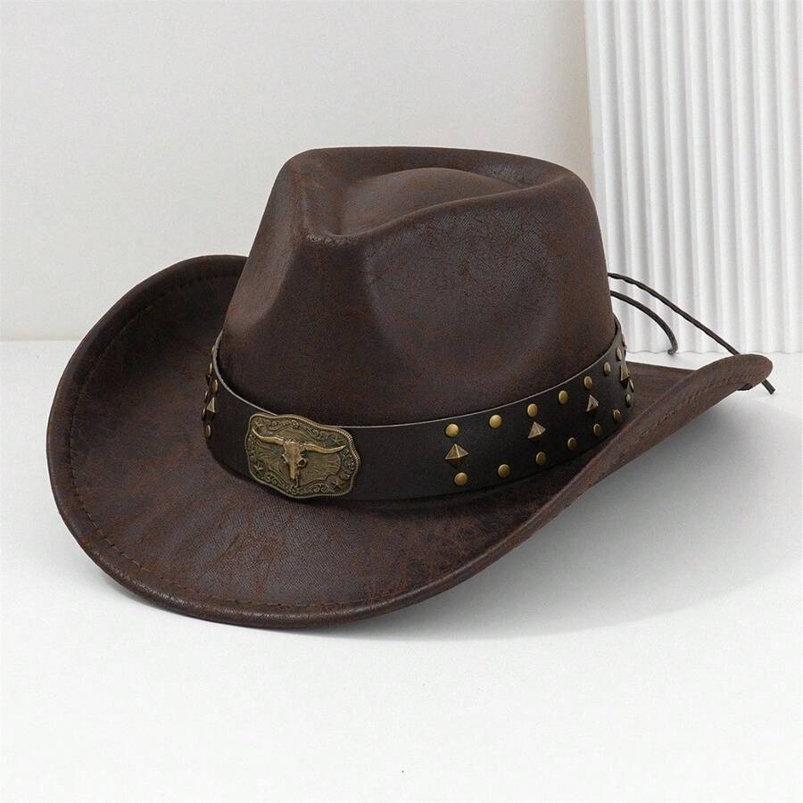 Women Men Cowgirl Hat, Vintage Bull Head Roll-Up Wide Brim Western Hat For Daily Party