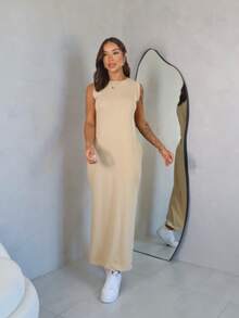 Long Dress With Slit And Pockets 100% Cotton - Màu be - Xem 2