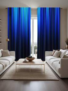 2pcs High Definition Digital Printed Blue Ombre Striped Pattern Decorative Curtains, Made Of Polyester, Semi-Sheer For Privacy Protection, Fade-Resistant, Hand/Machine Washable, Rod Pocket Hanging, Suitable For Bedroom And Living Room Decor - Multicolor - View 6