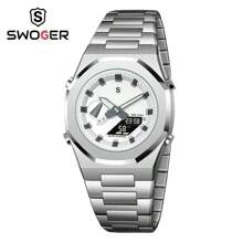 1pc Men's Executive Watch With Dual Display, Alarm And Date Function, Stainless Steel Strap
