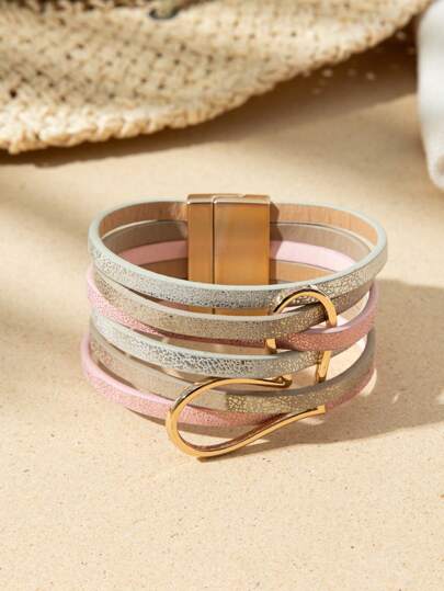 1 pieza Brazalete de PU con cierre magnético de corazón hueco, pulsera con cordón multicapa, apta para uso diario o fiesta