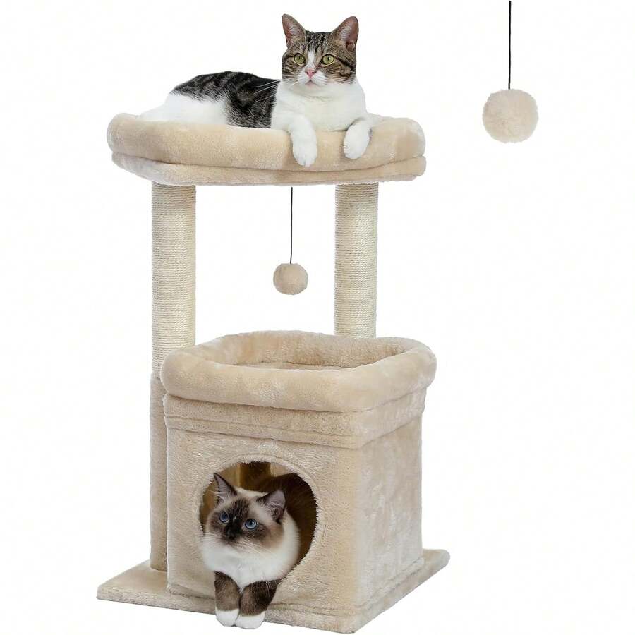 Local Delivery-PEQULTI Cat Tree Cat Tower For Indoor Cats With Private Cozy Cat Condo, Natural Sisal Scratching Posts And Plush Pom-Pom For Small Cats,Beige - Black - View 1