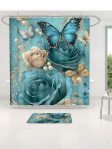 1pc/4pcs Floral Butterfly Multifunctional Bath Decor Set, Including Waterproof Shower Curtain With 12 Hooks, Anti-Slip Bath Mat, U-Shaped Toilet Mat, And Round Toilet Lid Cover, Ideal For Bathroom Scenes Bathroom Accessories Back To School