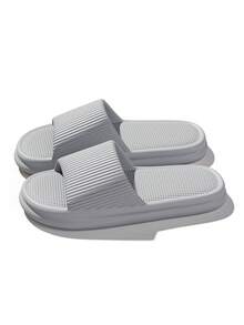 Men's Striped Slippers Size 48-49, Casual Flat Slip-On Sandals, Open Toe House Shoes, Couple's Spring/Summer Slides - Grey - View 9