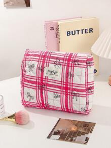 1 Peça Bolsa de Maquiagem Fofa de Grande Capacidade, Nécessaire Acolchoado para Cosméticos, Bolsa de Maquiagem de Viagem com Laço Xadrez, Dobrável, com Alça, Organizador de Maquiagem Estético, Bolsa de Armazenamento para Viagem, Nécessaire Portátil, Bolsa para Lápis, Essenciais de Viagem, Férias de Verão, Volta às Aulas, Bolsa Escolar, Bolsa de Viagem para Mulheres, Bolsa de Maquiagem para Viagem