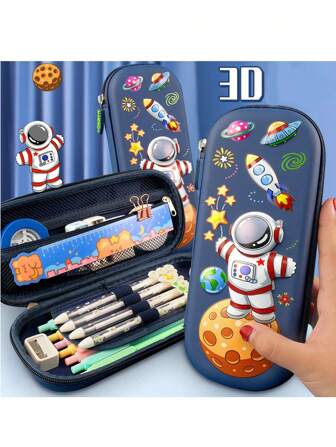 1pc 3d Cubic Astronaut Stationery Box For Elementary School Students Senior Sense Pencil Case Large Capacity Dirt-Resistant School Pencil Case,School Supplies,Back To School
