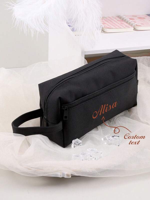 1 estojo preto personalizado, estojo com texto bordado personalizado, bolsa de maquiagem de viagem de grande capacidade, bolsa portátil e durável para lápis, bolsa de cosméticos e artigos de papelaria, bolsa de armazenamento para artigos de papelaria de mesa, presentes de aniversário para amigos/família/colegas/crianças, presentes de Natal, presentes de Halloween, presentes de Ação de Graças