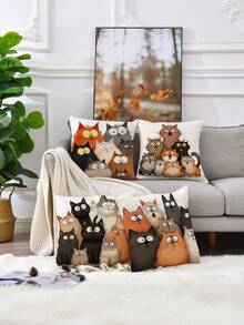 4pcs Cute Cartoon Cat Pattern Pillow Covers, Simple Cartoon Style Square Faux Linen Hidden Zipper Single-Sided Print Cushion Cover, Not Including Pillow Inner, Suitable For Farmhouse, Living Room, Bedroom, Sofa Decoration - Gray Brown - View 4