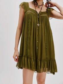 Women Lace Trim Mini Dress Ruffle Flowy Babydoll Dress Spaghetti Strap Loose Sundress Boho Going Out Dresses - 綠色 - 查看 2