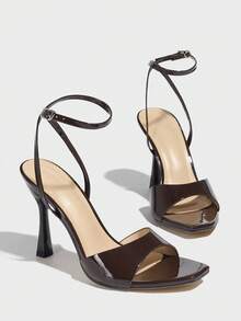 女士高跟凉鞋，时尚派对/户外场合优雅女士高端宴会镜面工艺细高跟方头派对/节日迷人性感 PU 皮革交叉细带扣闪亮纯色舒适踝带优雅奢华巧克力棕色女士别致高跟休闲凉鞋 - 咖啡棕 - 查看 6