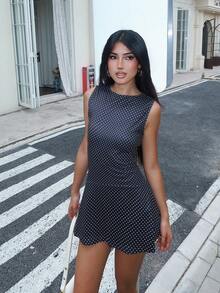 女士波点印花无袖A字连衣裙，优雅圆领修身连衣裙，夏季穿搭，复古时尚派对风格 - 藍色 - 查看 8