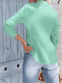 Women's Regular Fit Collared Shirt, Button Front, Smooth Fabric - Green - View 2