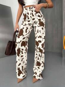 SQUALO Pantalones casuales de cintura alta con estampado de vaca y ajuste holgado para mujer