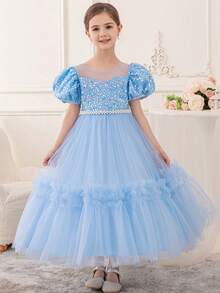 适合小女孩的公主派对礼服，串珠亮片蓬松长裙，生日婚礼礼服 - 藍色 - 查看 7