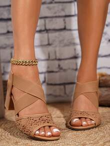 Sandal nữ quai mảnh đan chéo gót vuông, sandal mùa hè, chất liệu vải lưới màu nâu, gót cao, thoải mái và nhẹ nhàng - màu nâu - Xem 5