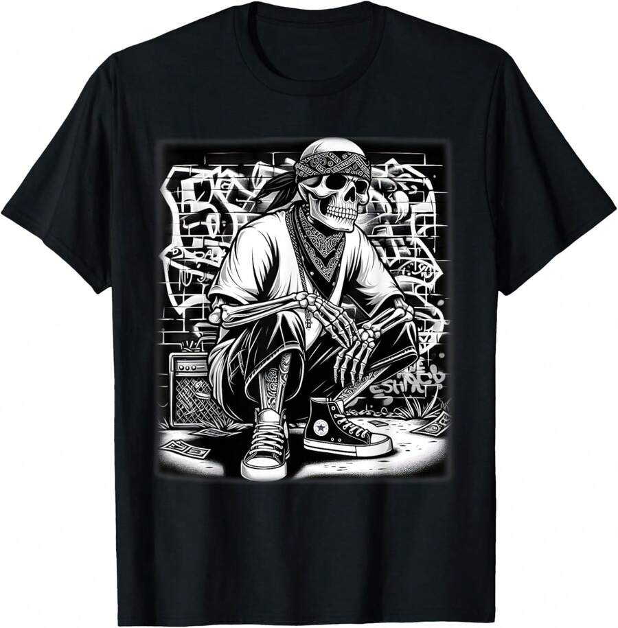 Camiseta de Estilo Gangster Mexicano Cool con Esqueleto y Safos - Algodón 100% 220g, Unisex, Color Negro y Blanco, Manga Corta, Cuello Redondo, Ajuste Cómodo, Estilo Gangster Mexicano, Diseño de Esqueleto y Elemento Safos, Ideal para Uso Cotidiano, Actividades Callejeras y Encuentros Temáticos de Cultura Mexicana, Regalo para Amantes de la Cultura Callejera Mexicana, Enthusiastas del Estilo Gangster y Diseños con Esqueleto, Hombres y Mujeres, Tallas S-XXXL - Negro - Ver 1