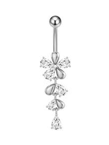 1pc Stainless Steel Cubic Zirconia Flower & Teardrop Belly Button Ring, Suitable For Daily Wear - Water Drop - View 9