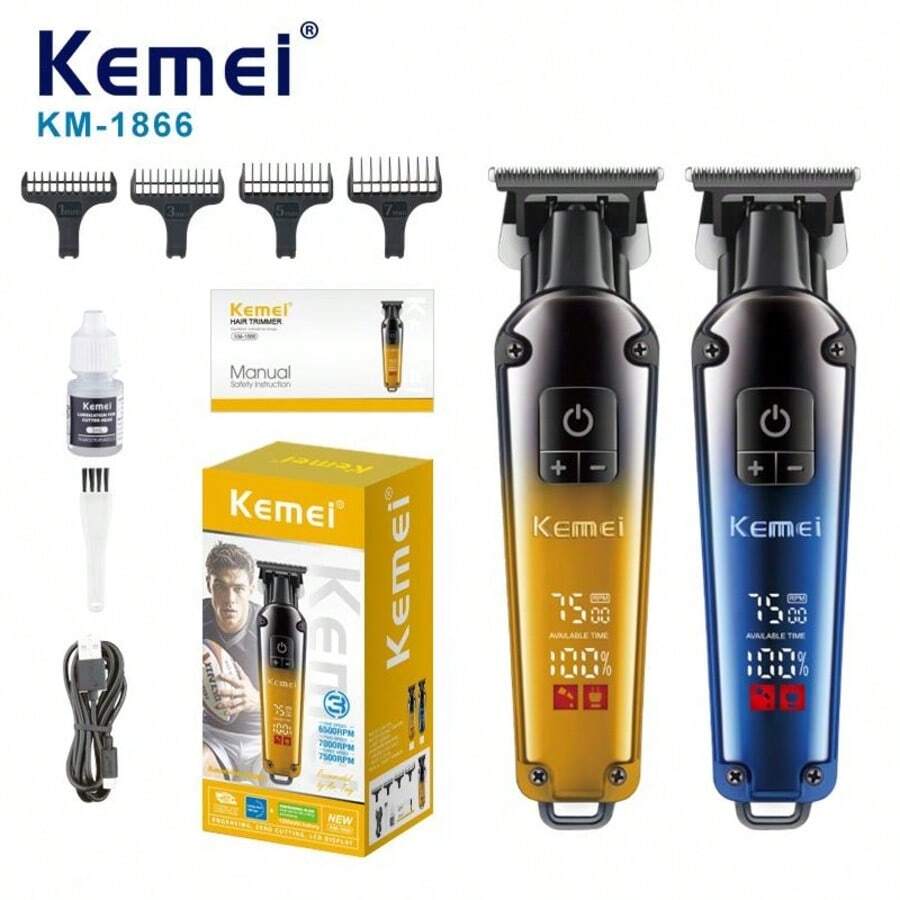 Kemei KM-1866 男士专业无线理发器，男士胡须修剪器，带 LED 显示屏和 3 档速度，男士电动剃须刀，理发器，胡须修剪器，毛发修剪套装，节日礼物，USB Type-C