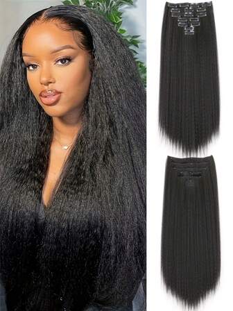 7pcs/Set Long Yaki Straight Hair Pieces Synthetic Clip In Hair Extensions Elegant For Daily Use Kinky Extensions Hair Accessories Black