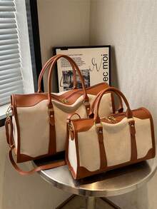 BAIGETU 1pc Canvas Contrast Color Patchwork Fashion Duffle Bag, Unisex Travel Luggage, Suitable For Overnights Tay, Commuting, Short-Distance Travel(Small Size For Commuting, Large Size For Short-Trip) Bag For School School Accessories School Stuff - Brown - View 3