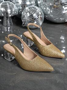 Women's Pointed Toe Crystal Heel Mary Jane Hollow-Out High Heel Pumps, Suitable For Outings, Parties, Weddings And Other Occasions