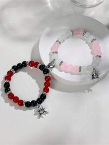 2Pcs/Set Fashionable Spider Heart Charm Pendant Matching Beads Bracelets For Couples Best Friendship Holiday Gift Jewelry Accessory - Hồng, Trắng, Đen và Đỏ - Xem 2