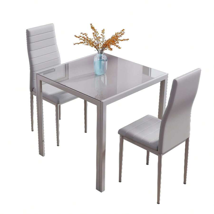 Modern Square Dining Table And Chair Set, 75cm Square Table With 2 Faux Leather High Chairs, Modern Classic Dining Room Set,  For Home,Kitchen,Office - Grey - View 1