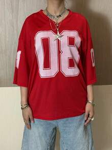 Women Short Sleeve T-Shirts Number Print V-Neck Shirts Summer Loose Casual Tops Streetwear - Red - View 4