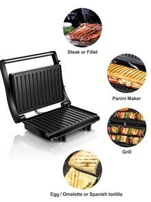 SCISHARE 1 件 27.7x22.3x9.3cm 三合一帕尼尼机、三明治机、电烤架、1000W、180° 可打开 23x14.5cm 烤盘、双面烹饪、均匀加热、不粘涂层、冷触手柄、易于存放、黑色 - 早餐和家庭烧烤的理想选择 - 查看 4