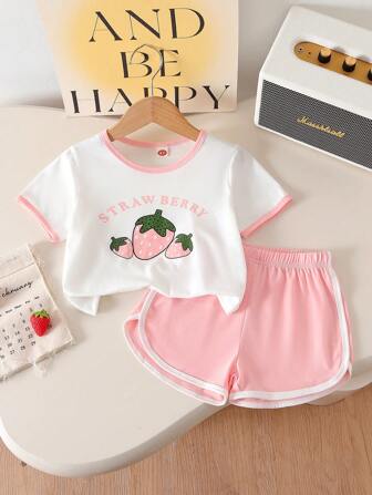 2 件套女童休闲樱桃印花上衣和简约百搭短裤套装